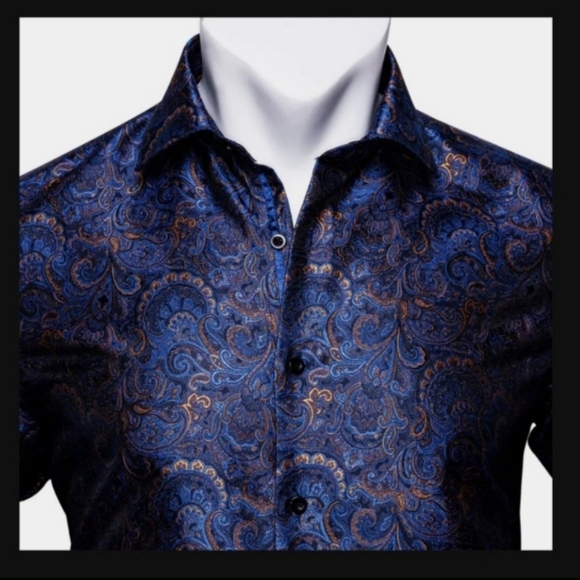 Barry.Wang Men's Luxury Blue Golden Floral Silk Button Down Shirt - Picture 3 of 7